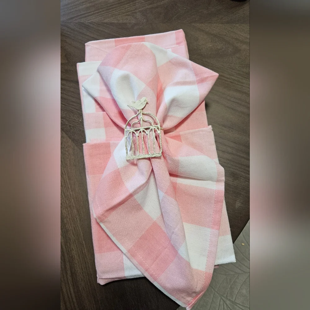 DII 6 Pink Gingham Buffalo Napkins 6 Metal Napkin Rings NWOT
